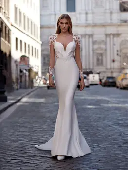 Seksi Denizkızı düğün elbisesi V Yaka Dantel Kısa Kollu Aplike Backless gelin kıyafeti Zarif Sweep Tren Vestidos De Novia 2023