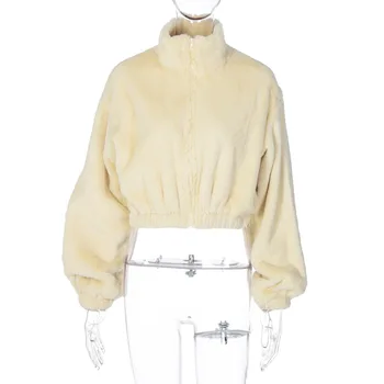 Kış Sıcak Ceketler Beyaz Renk Peluş fermuarlı ceket 2023 Sonbahar Yeni Gevşek Moda Rahat Mont Puf Kollu Standı Yaka Ceket