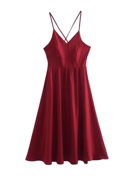 YENKYE Yeni Kadın Lace Up Bandaj Backless Askı Elbise Vintage Şarap Kırmızı Kolsuz Bayanlar Saten Parti Seksi Elbiseler