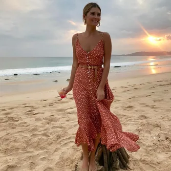 2020 Kadın Boho Maxi Elbise Kızlar Yaz Spagetti Kayışı Tatlı Nokta uzun elbise Bayanlar Plaj Sundress Vestido De Mujer