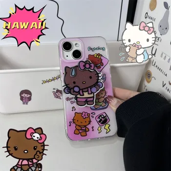Yeni Siyah Cilt Hello Kitty Hawaii Tatil Tarzı Anime telefon kılıfı için Standı ile 13 Pro Max İphone12 14 Sevimli Anti Damla Telefon Kabuk