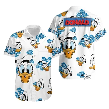 Donald duck havai gömleği s erkek Kısa Kollu Üstleri Disney havai gömleği Rahat Plaj Kısa Kollu Vintage Düğme Aşağı Gömlek