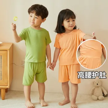 2023 Yeni Erkek Bebek Kız Ev Giysileri Set Yaz Pijama Yürümeye Başlayan Crewneck Kazak Üstleri Şort Kıyafet Bebek Kostüm Düz Renk