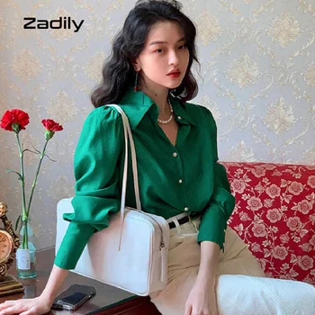Zadily 2021 Sonbahar Vintage Yeşil Puf Uzun Kollu Kadın Şifon Gömlek Ofis Bayan Kat Düğme Bluz Parti Kadın Giyim