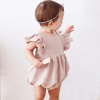 Yaz Bebek Kız Tulum Ruffles Romper Pamuk Keten Kumaş Kolsuz Kayış Yenidoğan Bebek Romper Giysileri