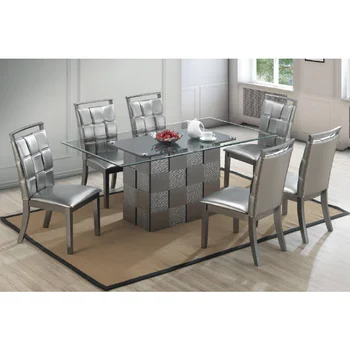 Metalik Gri Suni Deri Köpük Yastık 2'li Set Yan Sandalyeler Şık Gümüş Renkli Kare Tasarım Gri Masif Ahşap [TR
