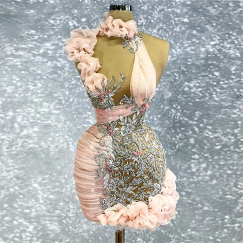Seksi Şeftali Balo Elbise Boncuklu Pileli Mini Uzunluk vestido de curto Doğum Günü Önlük Kız Giyim Katmanlı Katmanlı balo kıyafetleri Özel