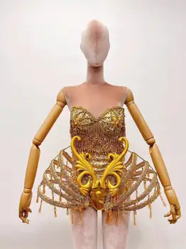 Altın Seksi Kristal catsuit tüp üst boncuk Bodysuit Elbise Sahne Performansı Bling DressesGolden seksi kılçık yapışık