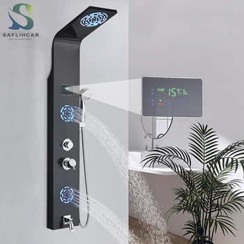 Siyah led ışık Banyo Duş Musluk SPA jet masaj Sütun Sistemi Şelale yağmur biçimli duş Paneli Sıcaklık Göstergesi ile
