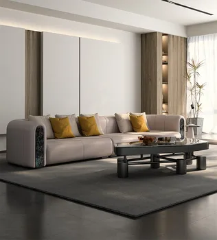 Italyan minimalist deri kanepe, inek derisi üst katman, post-modern düz çizgi oturma odası, hafif lüks kanepe, dört koltuk
