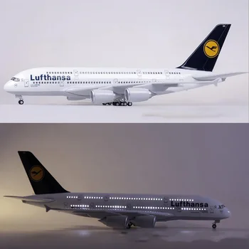 1/160 Ölçekli 50.5 CM Uçak 380 A380 Lufthansa Havayolu Modeli W ışık ve tekerlek Diecast plastik reçine uçak Koleksiyonu için