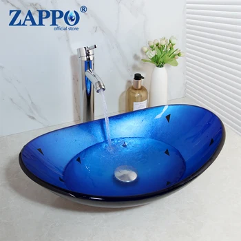 ZAPPO Mavi Temperli Cam lavabo musluğu Combo Gemi Lavabo Banyo Lavabo Lavabo w / Krom Cilalı Soğuk Sıcak Su musluk bataryası