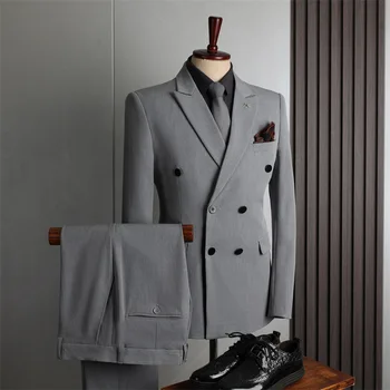 2023 High-end Kruvaze Takım Elbise (takım elbise + Yelek + Pantolon) yeni Yakışıklı İş Eğlence Moda İnce Büyük Boy Üç parçalı Set