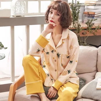 Kadın Pijama Sonbahar Ve Kış Uzun Kollu Pijama Rahat Ananas Bayanlar Hırka İki Parçalı Set Giyilebilir Dışında