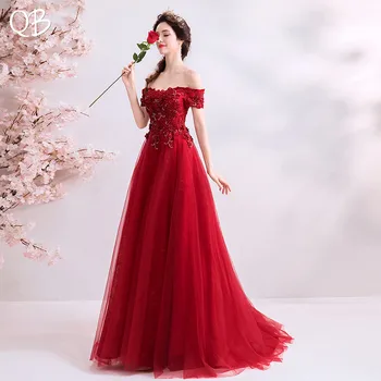 Kırmızı A-line Kat Uzunluk Tül Aplikler Dantel Boncuk Zarif Abiye 2019 Yeni Moda Gelin Parti Balo Elbise XH398