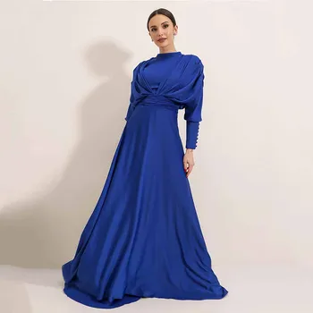 Mavi Klasik Abiye Jersey O-Boyun Puf Uzun Kollu balo kıyafetleri İmparatorluğu A-Line Kat Uzunluk فساتين مناسبة رسمية