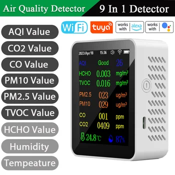 Tuya Hava Kalitesi Ölçer 9in1 PM2. 5 PM10 CO CO2 TVOC HCHO AQI Sıcaklık ve nem test cihazı CO2 Metre Karbon Dioksit Dedektörü