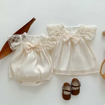 Yaz Kız Giysileri Bebek Kız Elbise Toddler Bebek Romper Sinek Kollu Pamuklu Dantel Dikiş Çocuklar Prenses doğum günü partisi elbisesi