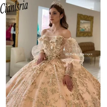 Şampanya Quinceanera Elbiseler Çiçekler Sevgiliye Tatlı 15 Kız Prenses Elbise Vestidos De Quinceañera balo elbisesi