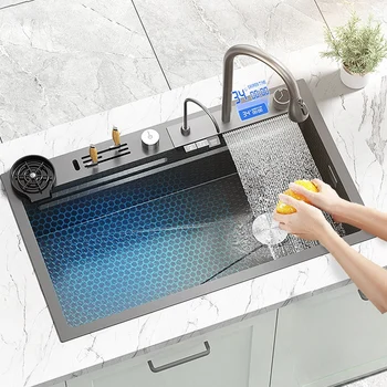 Paslanmaz çelik mutfak lavabosu dijital ekran Kabartmalı Şelale Lavabo Büyük Tek Yuvalı Çok Fonksiyonlu lavabo