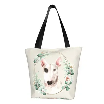 Kawaii Bull Terrier Köpek Çiçek Altın Çelenk alışveriş çantası Yeniden Kullanılabilir Pet Lover Tuval Bakkal Alışveriş omuzdan askili çanta