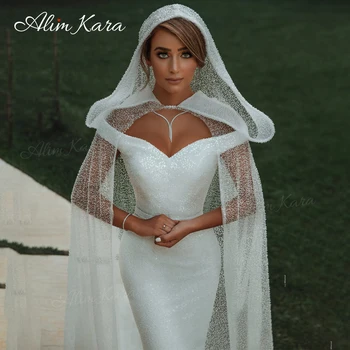 Alım Kara Sevgiliye Mermaid düğün elbisesi 2023 Kapalı Omuz 2 İn 1 Pelerin Mahkemesi Tren gelinlikler Prens SM46 Vestido De Novia