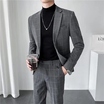 Yeni erkek (takım elbise + pantolon) high-end butik moda her şey düz renk trendi rahat yakışıklı İngiliz iki parçalı set