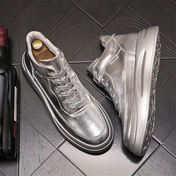 Moda Beyaz gümüş Erkek Platformu rahat ayakkabılar deri sneakers Hip-Hop Yüksekliği Artan ayakkabı Zapatillas Hombre