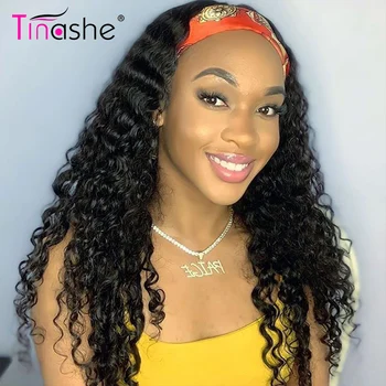 Tinashe Kafa Bandı Peruk Brezilyalı Derin Dalga Peruk 150 Yoğunluk Şık Eşarp Kafa Bandı Peruk Siyah Kadınlar İçin Derin kıvırcık insan saçı peruk