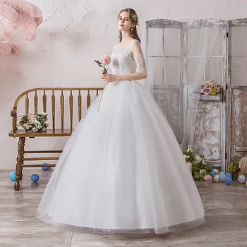 Klasik O Boyun Yarım Kollu Ucuz Basit düğün elbisesi Illusion Aplikler Artı Boyutu Dantel Up Gelin Balo Vestidos De Novia