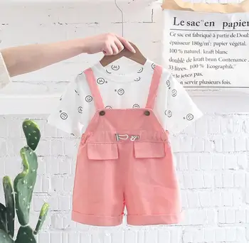 Bebek Yaz Kız Giyim Setleri bebek Karikatür baskılı kısa kollu tişört ve Tulum kıyafetler Yürüyor çocuk bebes eşofman