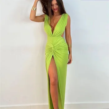 Yeşil Derin V Backless Tank Büzgü Maxi Elbise kadın 2023 İlkbahar Yaz Düz Renk Zarif Seksi Streetwear Toptan No. 761