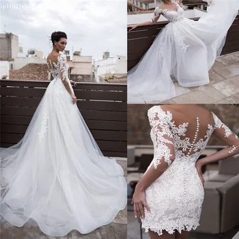 Küçük Beyaz Elbise Dantel Gelinlik 2 in 1 Kılıf Plaj Bahçe Gelin Ayrılabilir İki Parçalı düğün elbisesi vestido de novia