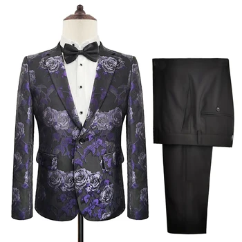Yeni Mor Siyah Çiçek Baskı Ismarlama Erkek Takım Elbise Seti Çentik Yaka Smokin Parti Damat Blazer Elbise düğün kıyafeti Kıyafetler 2 adet