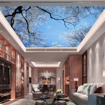 Özelleştirilmiş 3d güzel gökyüzü dalları ağır kar tavan duvar yatak odası ahşap mavi gökyüzü duvar kağıdı modern minimalist kar sahne обои