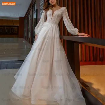 Seksi Uzun Kollu düğün elbisesi 2021 Boho Robe De Mariée V Boyun Bohemian Tül Bir Çizgi gelinlikler Custom Made Vestido De Novia
