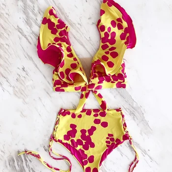 2023 Yeni Seksi bikini seti Kadınlar Çiçek Push Up Yastıklı Net iplik Ruffles Bandaj Mayo Mayo Mayo Beachwear Biquini