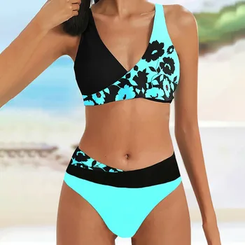Patchwork Baskı Kadın Mayo Yüksek Bel 2023 Yaz Mayo Yastıklı Push Up Mayo Plaj Kıyafeti Bikini Biquini