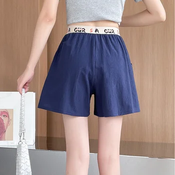 Pamuk Keten Şort Kadın Temel Moda Yüksek Bel Şeker Renk Elastik Bel Rahat Giyilebilir Şort Ev Pantolon dipleri pijama