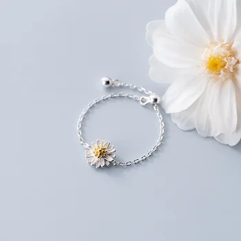 Ayar S925 Gümüş Yüzük Tatlı Küçük Taze Papatya Çiçek Ayarlanabilir Zincir Parmak Yüzük Süs Bitki Güzel Takı