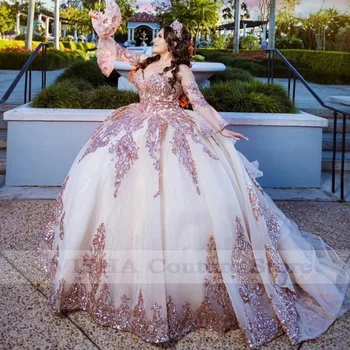 Meksika vestidos de 15 años Quinceanera Elbise Çıkarılabilir Kollu Pullu Aplike Özel Tatlı 16 Elbise Uzun Balo Elbisesi