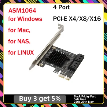 ASM1064 SATA PCIe Adaptörü 4 Port SATA III PCI Express 3. 0X1 Denetleyici Genişletme Kartı Adaptörü 6 Gbps Desteği x4 x6 x8 x16