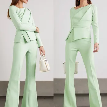 Nane Yeşil Bayan Takım Elbise Moda Tasarımcısı 2 Adet Ceket Pantolon Setleri Sosyal İş Ofis Bayan Parti Törenlerinde