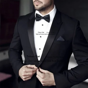 Resmi Siyah Bir Düğme Erkek Takım Elbise Çentikli Yaka Damat Düğün Smokin 2 Adet İş Erkek Balo Blazers Slim Fit Kostüm Homme