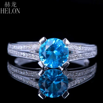 HELON Kusursuz 6.5 mm Yuvarlak Hakiki Mavi topaz Nişan Yüzüğü Katı 14K 10k Beyaz Altın VVS / DEF Moissanite Elmas Alyans