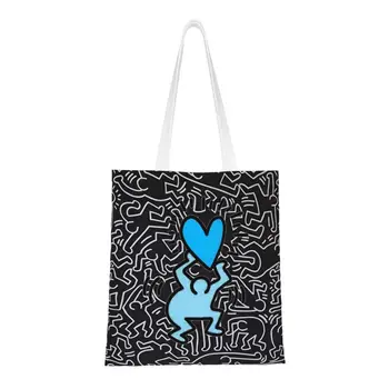 Rap Pop Haring Dansçılar Geometrik Graffiti Keiths Bakkaliye bez alışveriş çantası Kadın Özel Tuval Omuz Alışveriş çantası Çanta