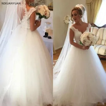 Basit Seksi V Boyun Bir Çizgi Plaj düğün elbisesi Dantel Aplike Tül Boho düğün elbisesi Gelin Artı Boyutu Vestido De Nova