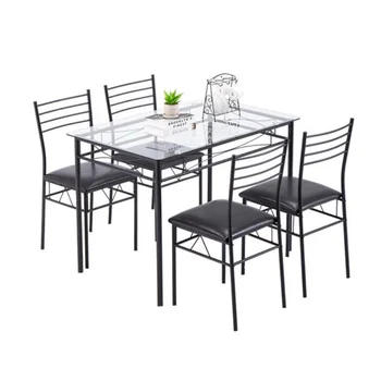 110X70X76 cm] Demir Cam Yemek Masası ve Sandalyeler Siyah Bir Masa ve Dört Sandalye PU Yastık [ABD Stok]