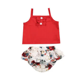 2 Adet Bebek Takım Elbise Seti Düz Renk Kolsuz Üst ve Çiçek Baskı Yumuşak Rahat ve Nefes Şort Kızlar için Kırmızı / Sarı