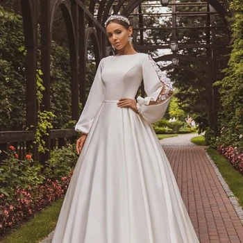 Saten İşlemeli Uzun Kollu düğün elbisesi Artı Boyutu Bir Çizgi Mütevazı Müslüman Zarif Gelinlikler Bahar Vestidos de Novia 2022